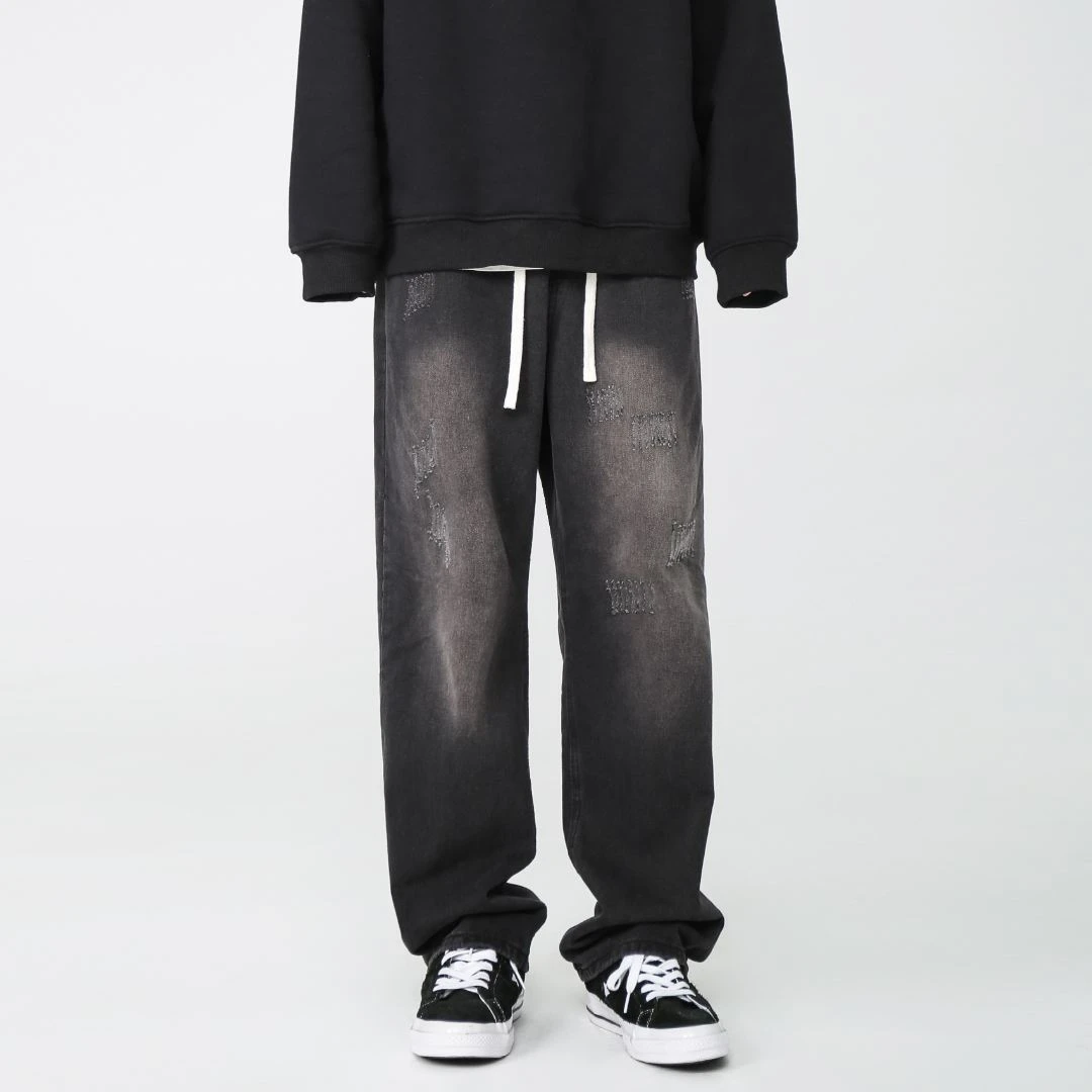 2023春季复古水洗牛仔裤宽松潮流休闲街头做旧直筒高街裤子黑色