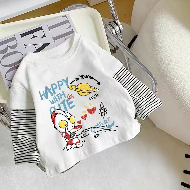 男女童纯棉假两件长袖T恤春秋装中小童韩版拼接撞色条纹打底上衣