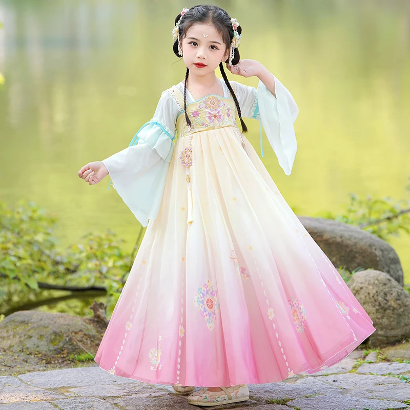 青-SL2745汉服女童春夏新款儿童唐装古风超仙中国风连衣裙公主裙