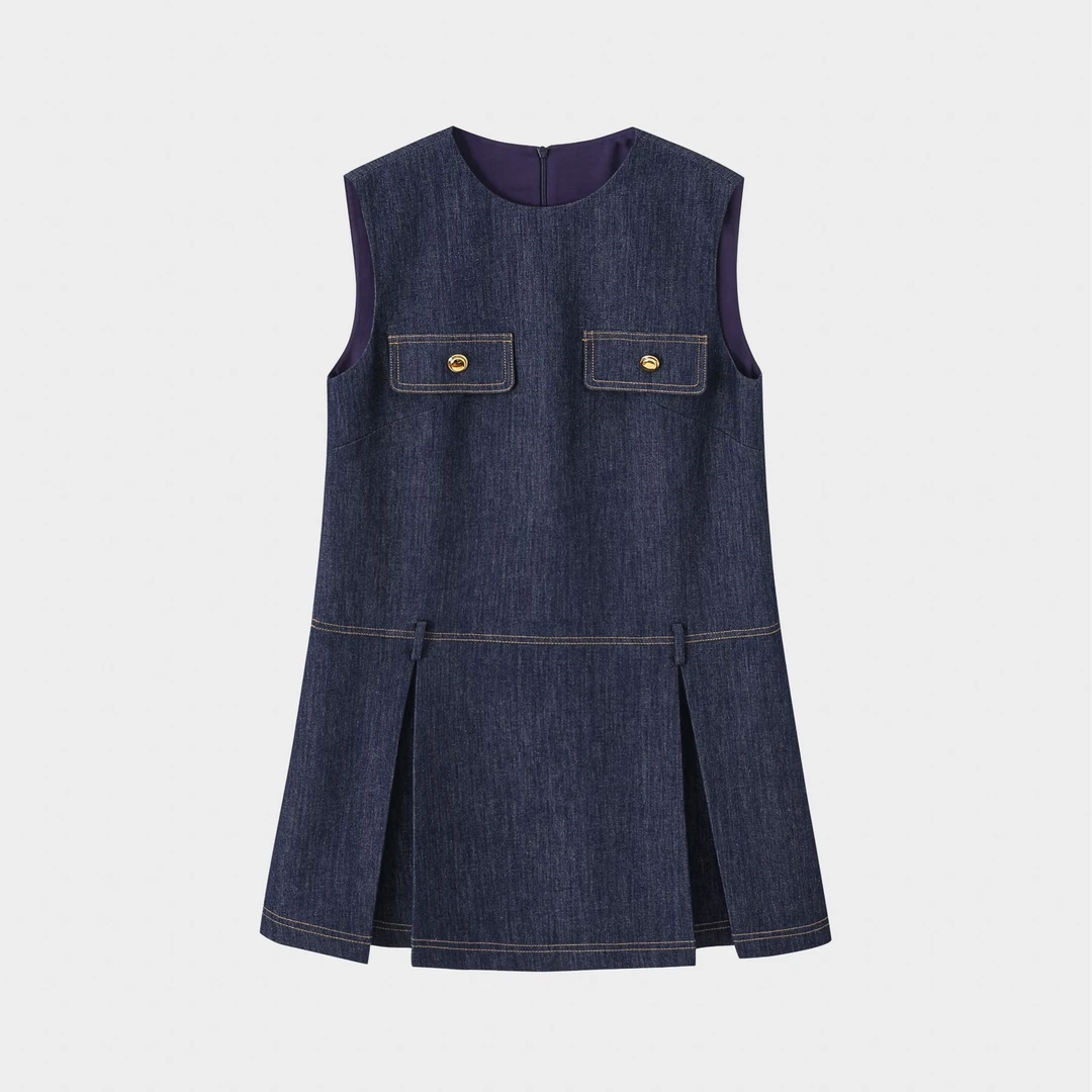 【MAODOU】1608女装连衣裙休闲时尚蓝色女士拼接复古