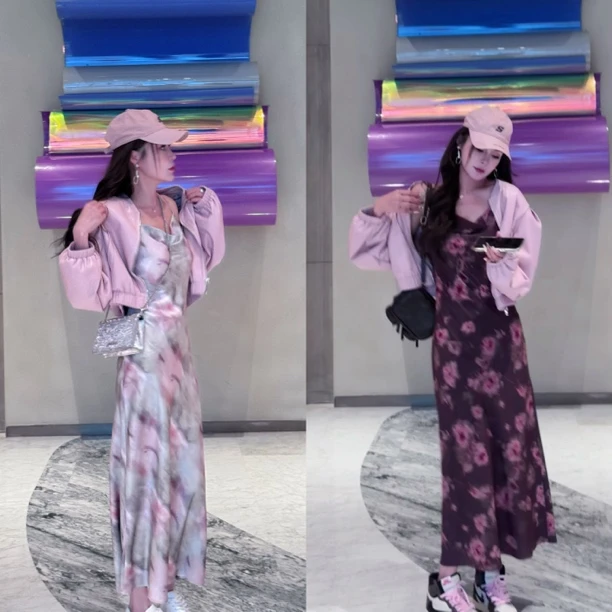 【依美丁】QZ05女神气质感晕染花纹吊带长裙