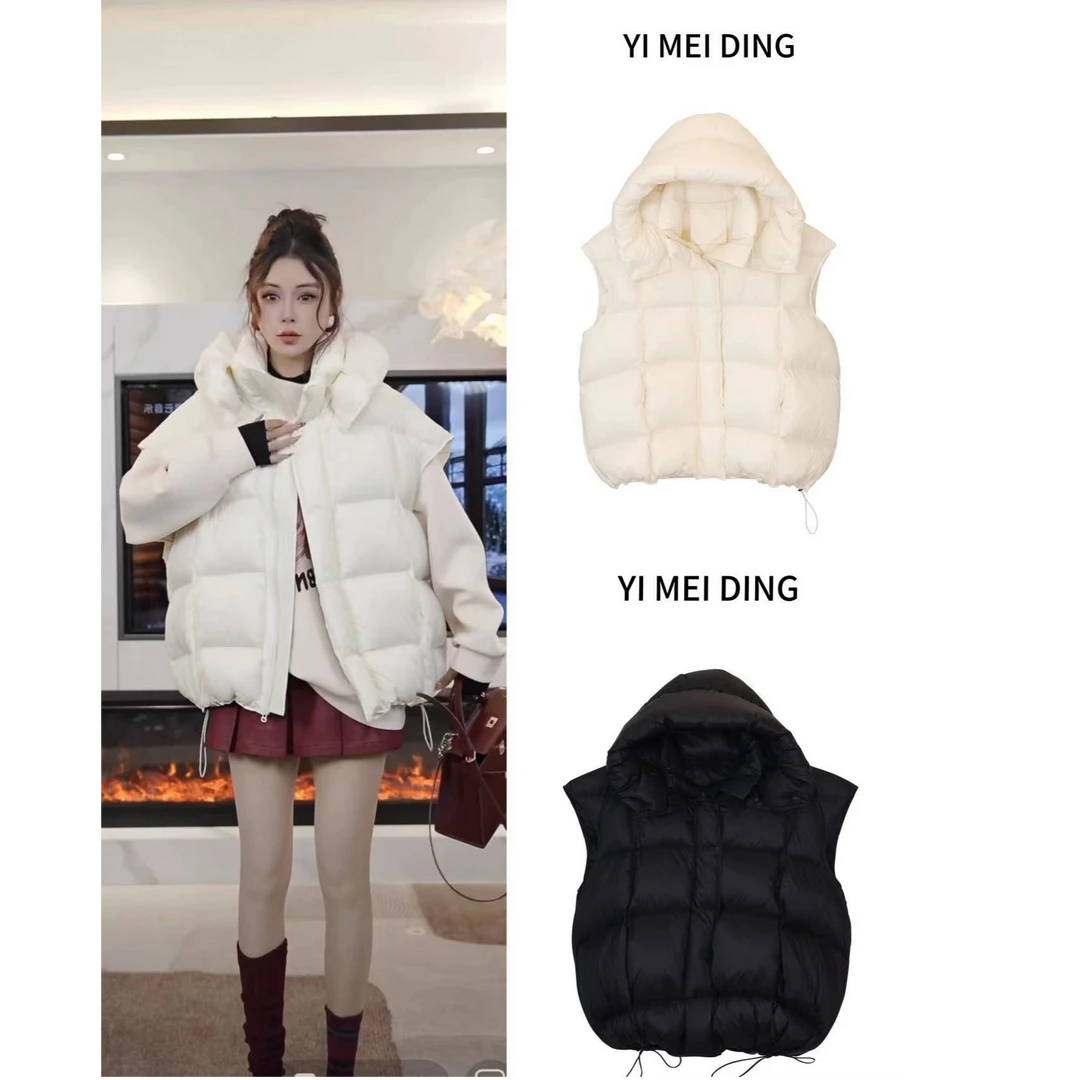 YR01依美丁时尚韩版宽松下抽绳可拆卸帽子羽绒马甲