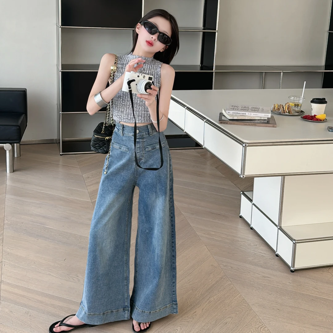 女童2025夏季新款高腰外穿薄款宽松垂感阔腿牛仔裤中大童直筒裤