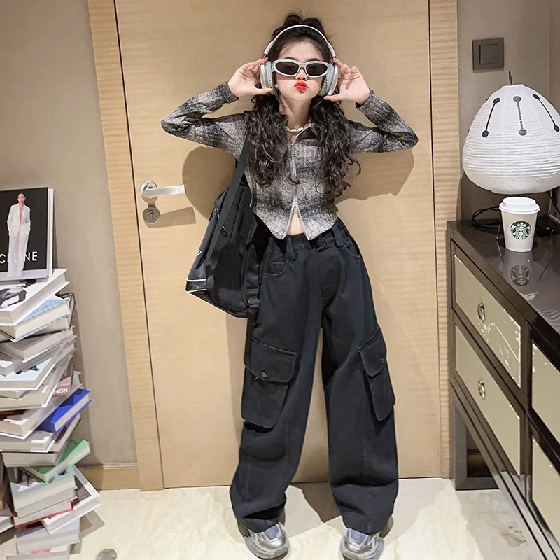 【酷Gril】女童时尚两件套2024新款春款针织开衫洋气牛仔工装裤套装