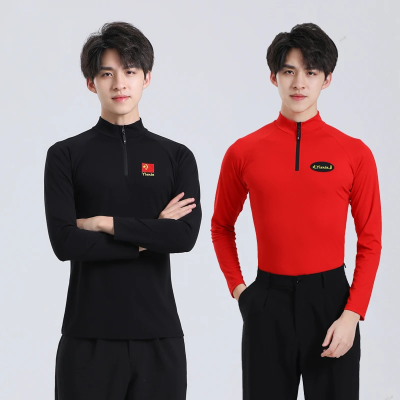 新款男士拉丁舞长袖训练服春秋摩登舞交谊上衣国标舞红色练功服男