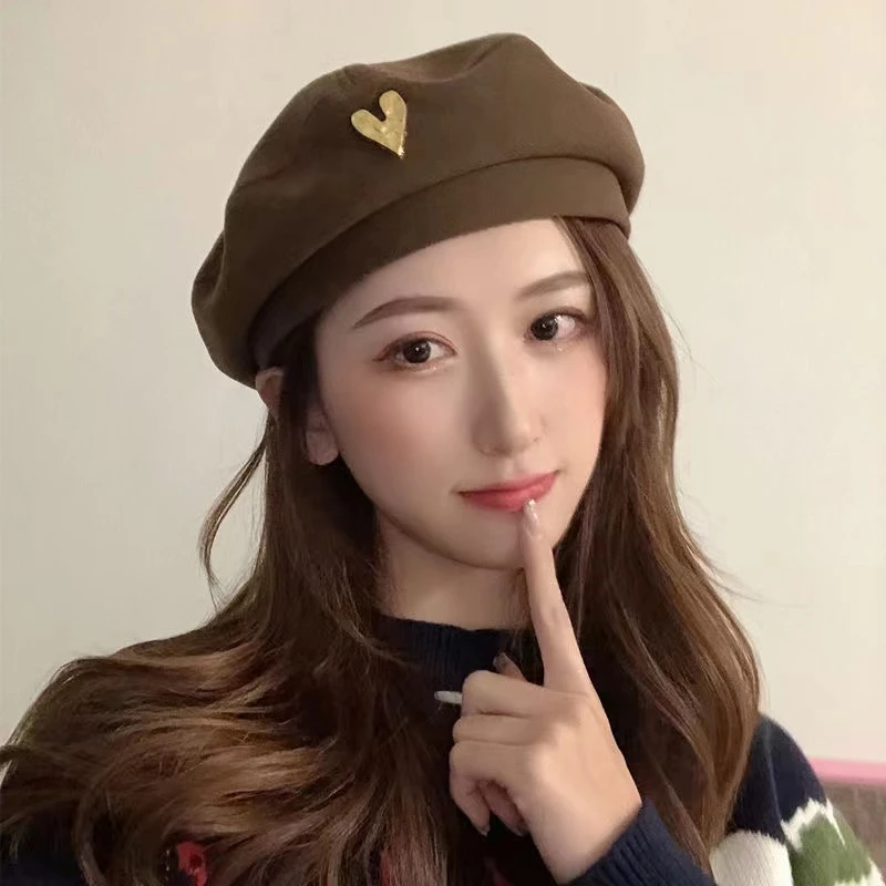 韩版ins爱心标贝雷帽子女秋冬保暖时尚复古休闲画家帽蓓蕾帽潮