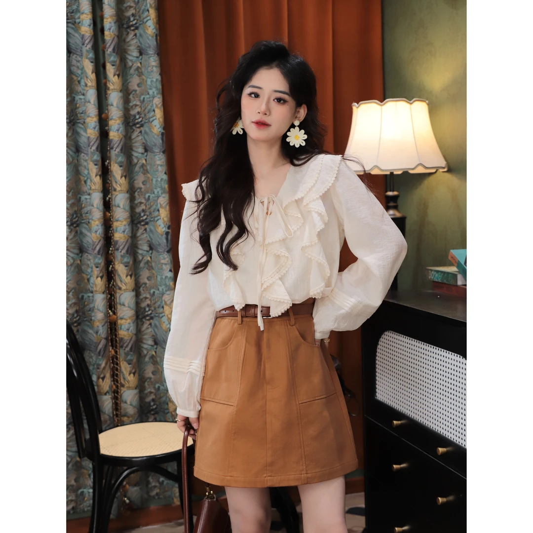张嘉圆  25秋夏显瘦长袖衬衣时尚复古港风减龄设计感衬衫#7135