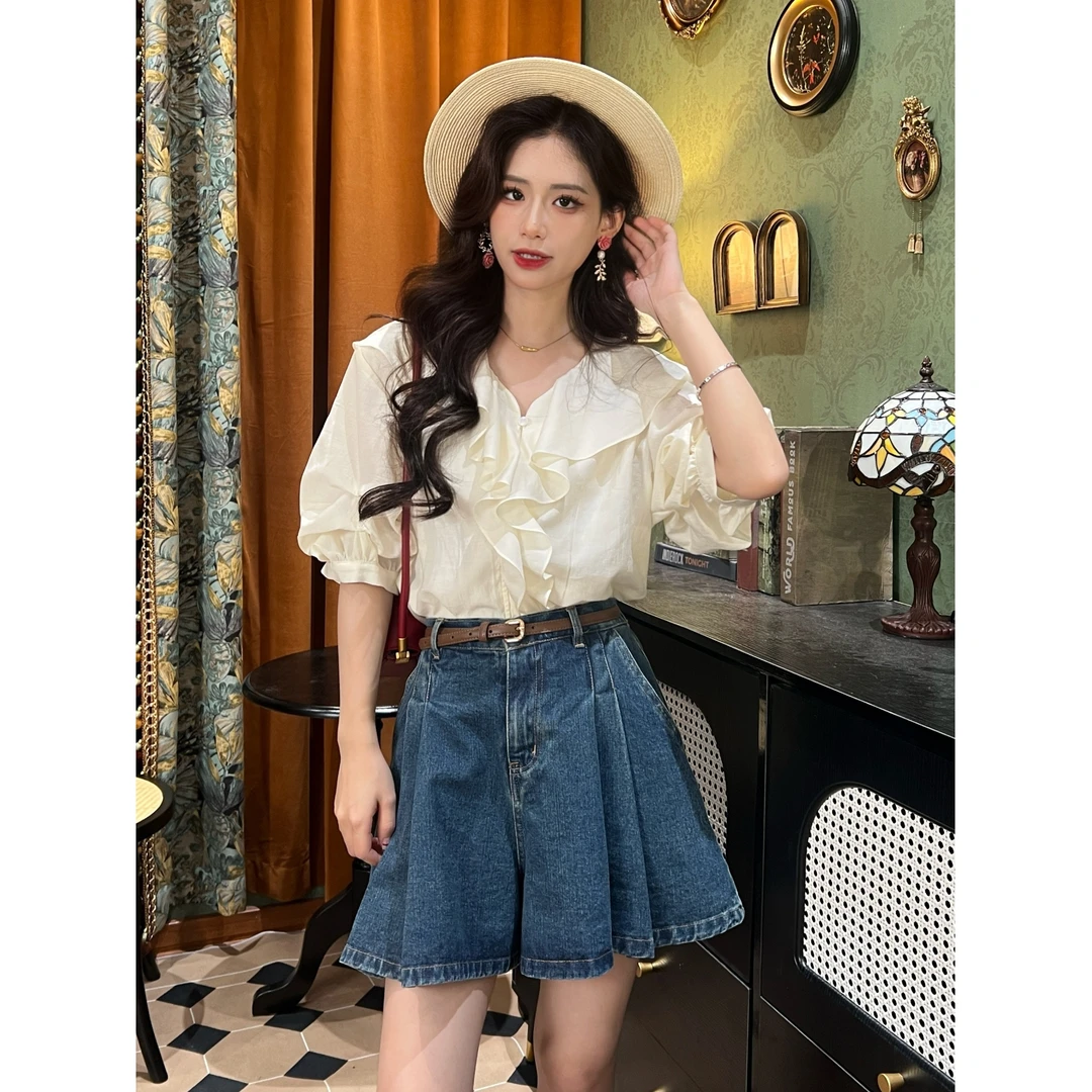 张嘉圆【霞姿月韵】夏季显瘦休闲复古港风气质小众女装衬衫#7039