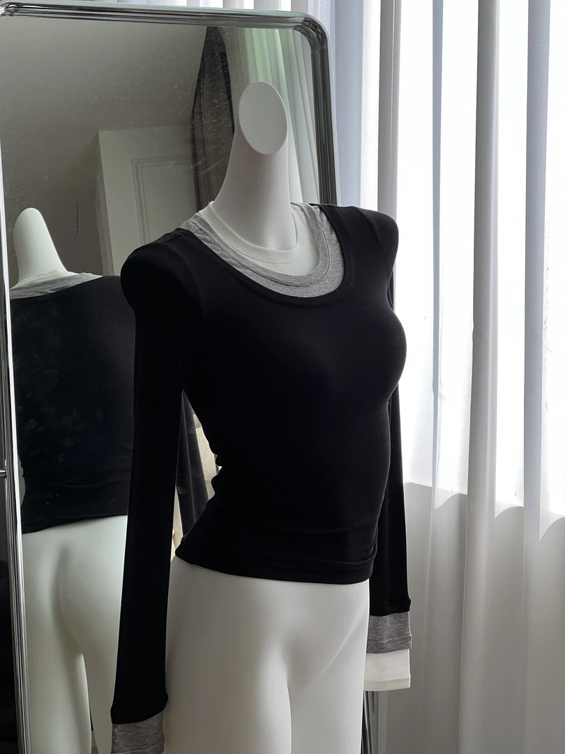 DS【三层叠叠乐-百搭黑】叠穿2.0~不费力的时髦层次柔糯拼接上衣