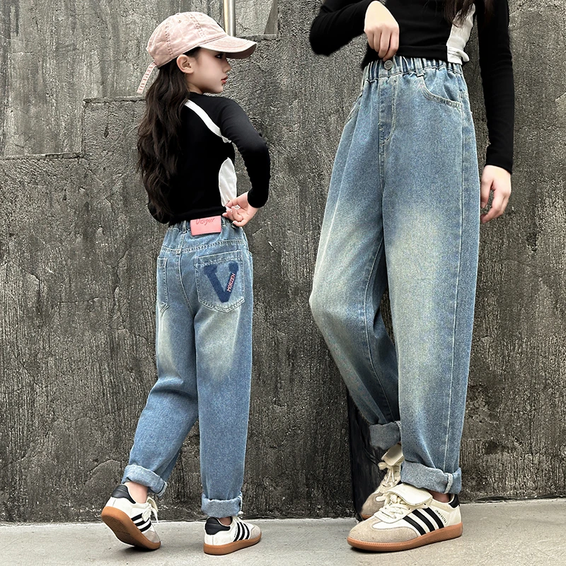 女童牛仔裤春秋2025新款宽松洋气老爹裤儿童休闲裤秋装女孩哈伦