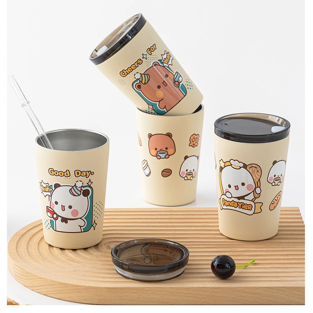 熊猫一二网红情侣杯不锈钢吸管杯喝水杯子防摔口杯牛奶杯家用带盖