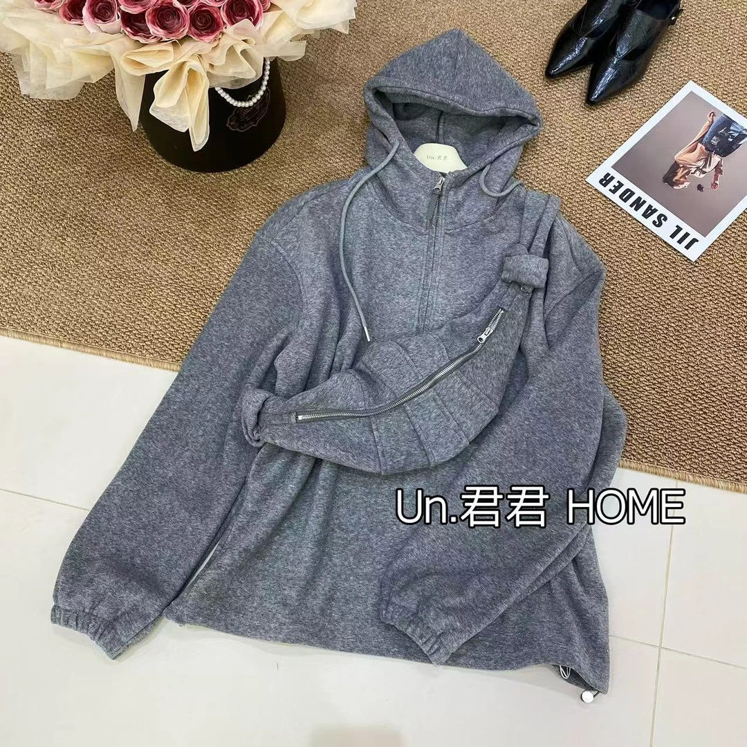 君君家【佩包包】2262加绒连帽半拉链下摆抽绳宽松慵懒风卫衣