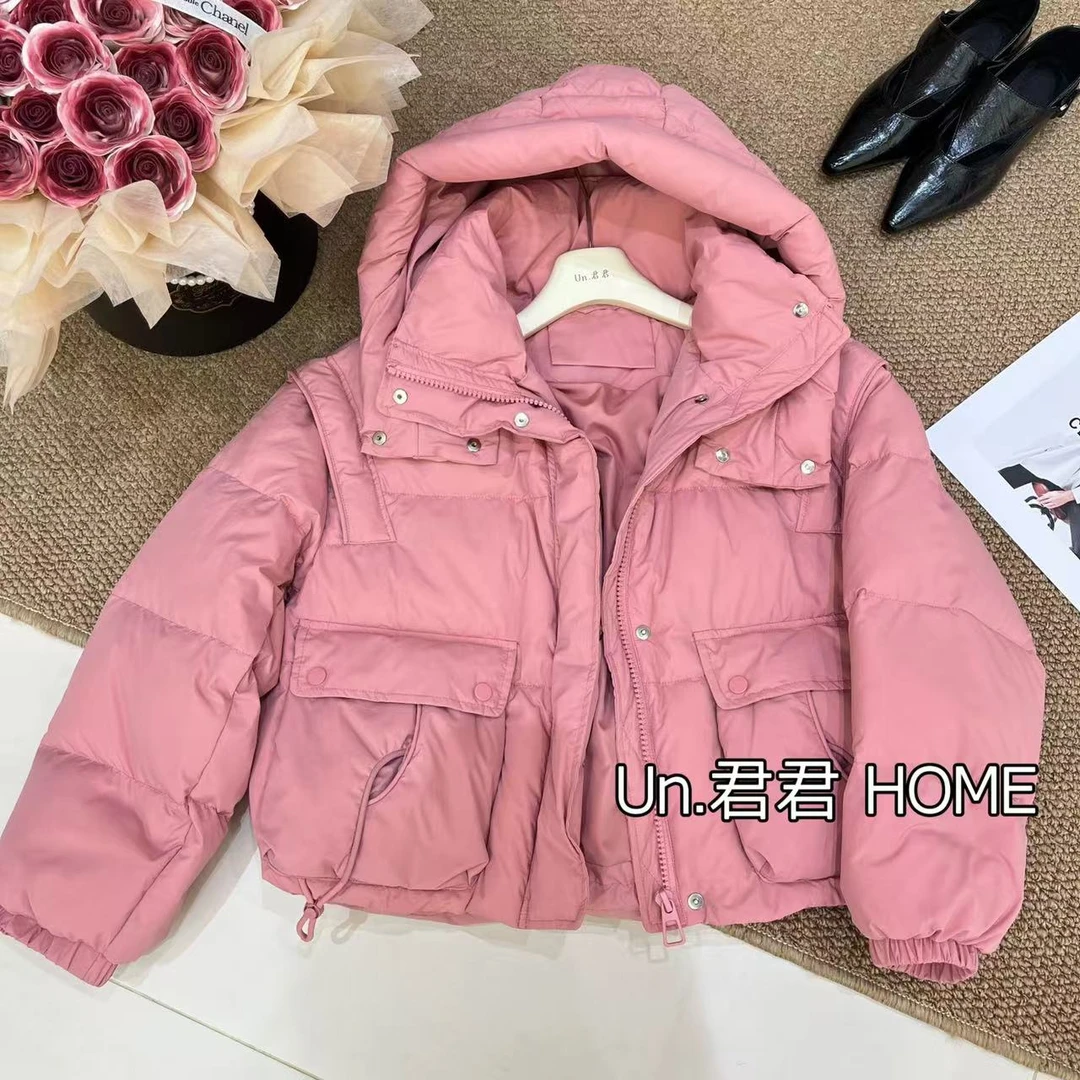 君君家【90白鸭绒】66667韩版连帽特色口袋面包款白鸭绒内搭羽绒服