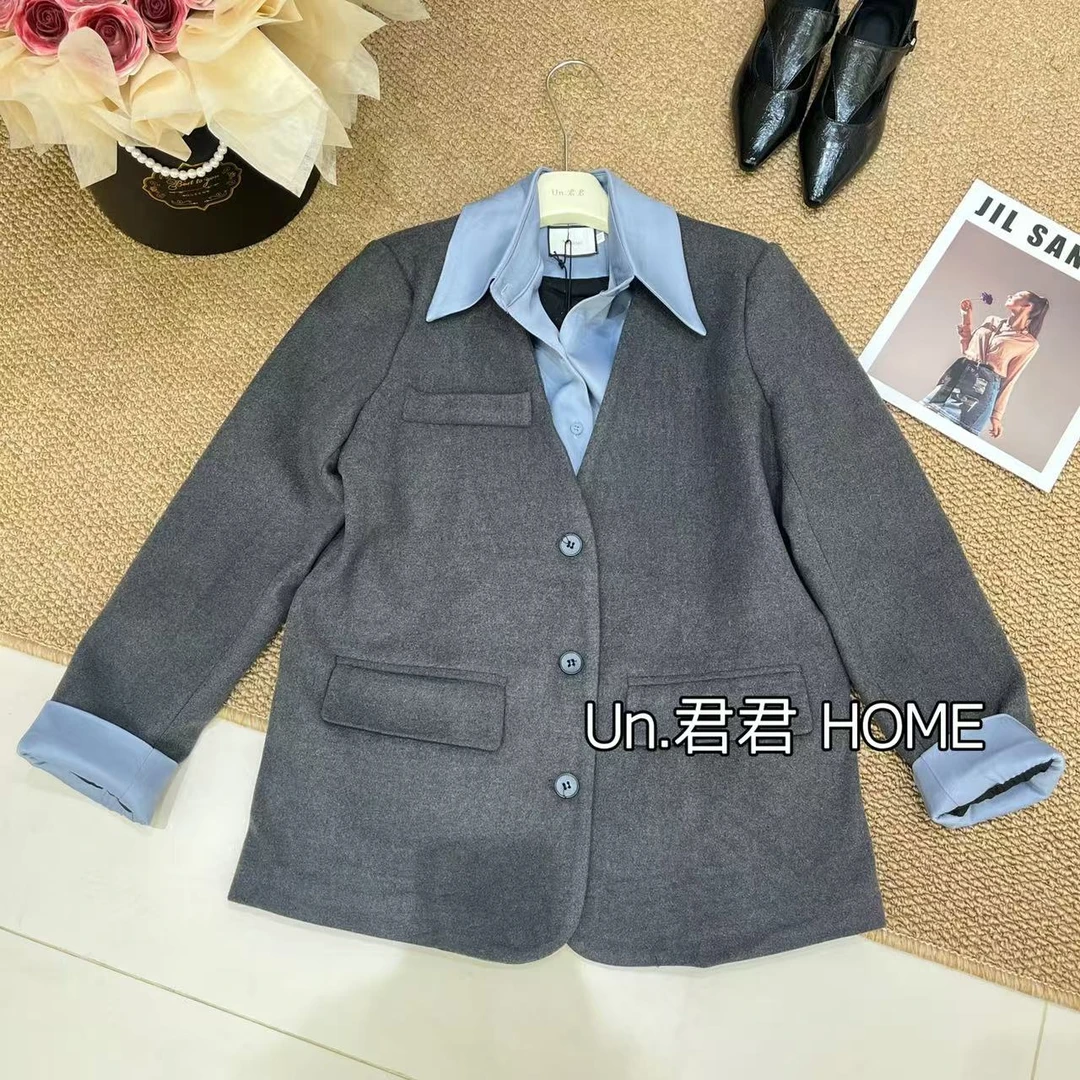 君君家【假两件西装】3826简约通勤风拼色翻领毛呢西装外套