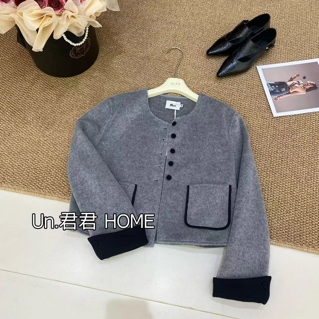 君君家【双面羊毛】2018简约大气拼色圆领双面羊毛外套