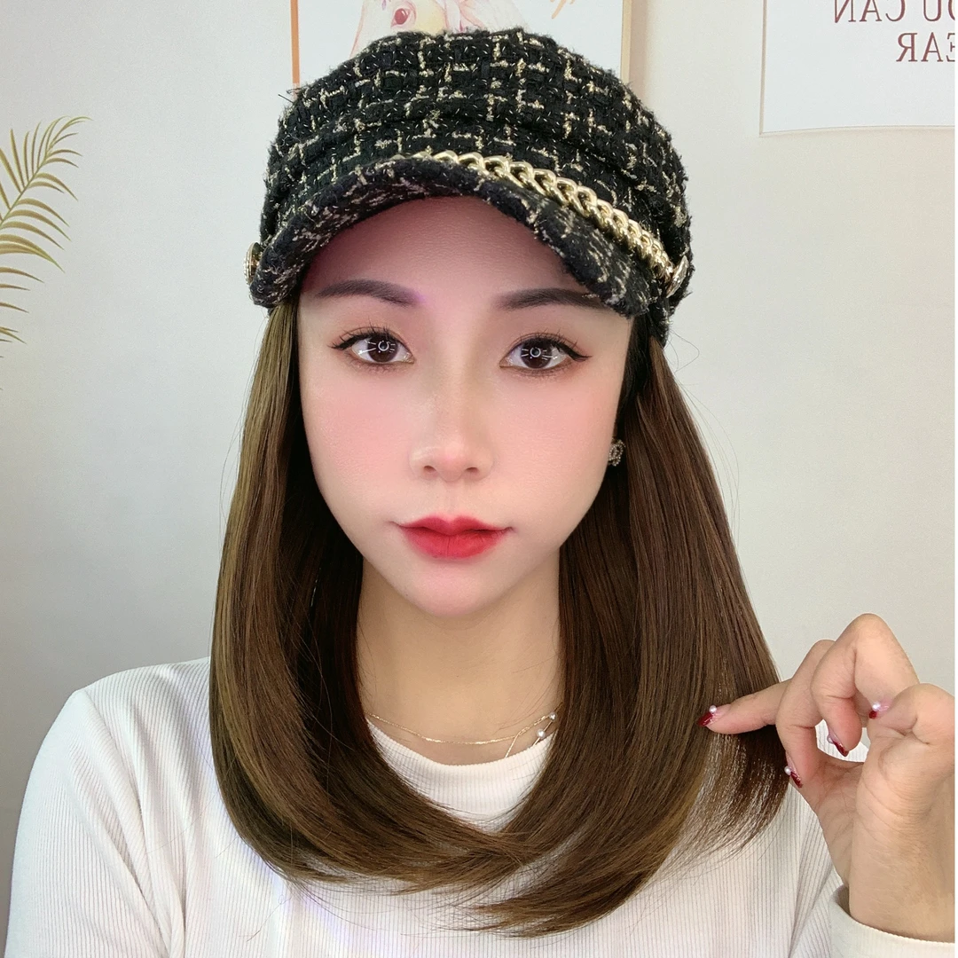 小香风帽子可拆卸发片短发假发帽时尚减龄锁骨发帽子假发一体透气