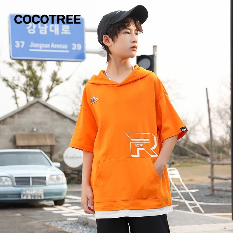 1006夏季男童假两件拼色连帽T恤时尚潮流街头酷帅