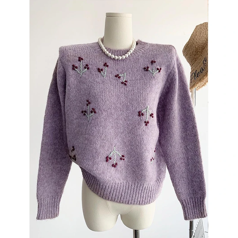 2024秋冬季新款韩版刺绣小花百搭套头毛衣上衣内搭温柔小众针织衫