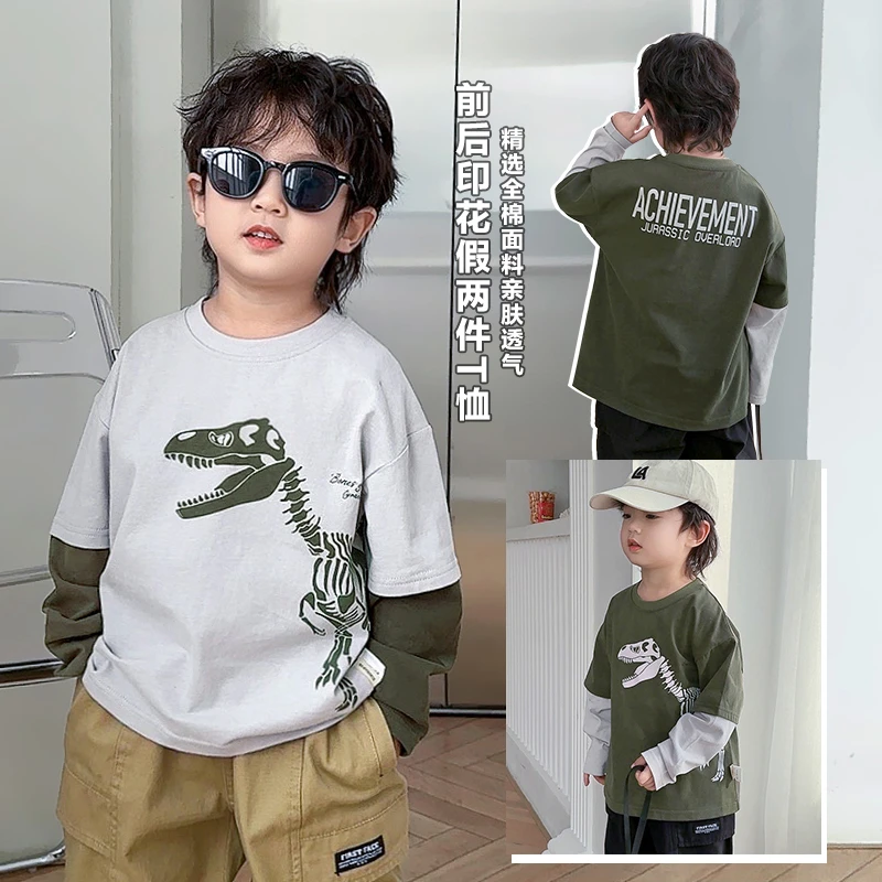【秋款上新】 男童假两件长袖t恤春装春秋童装小童棉打底衫潮X4262
