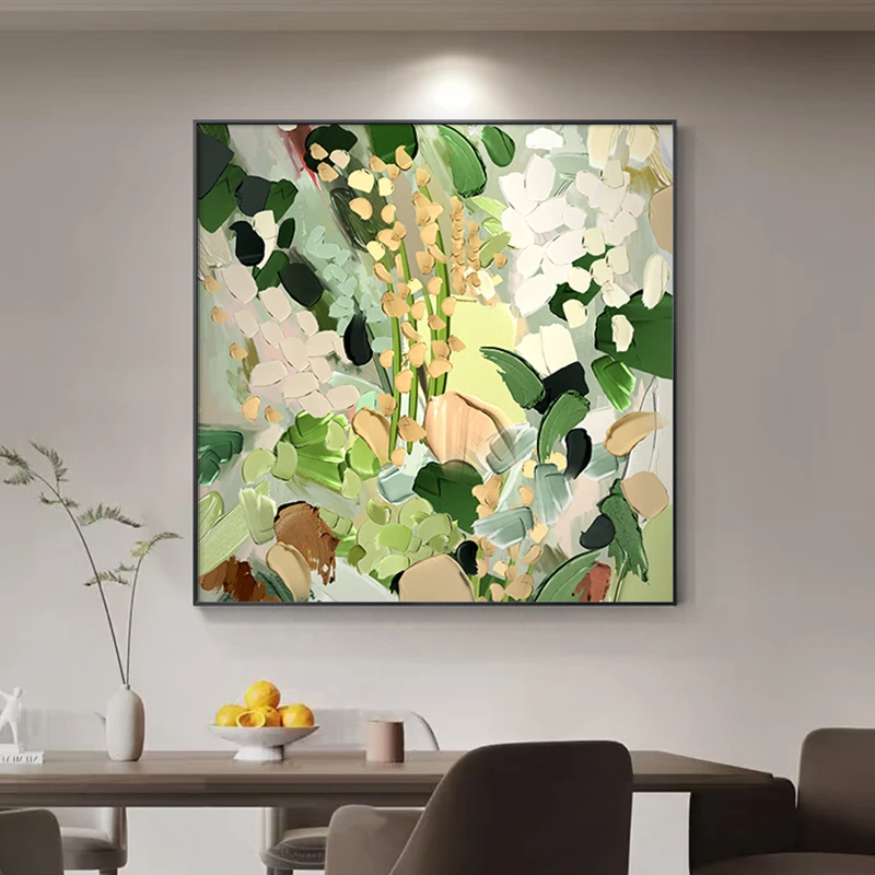 臣萱【暮绿】小户型餐厅装饰画手绘油画大幅方形客厅肌理背景墙挂画