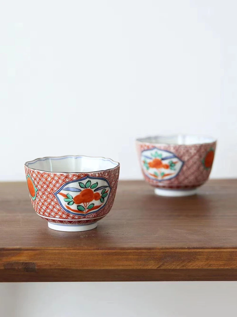 日本进口九谷烧赤绘花口小钵主人杯(单只)k7-208