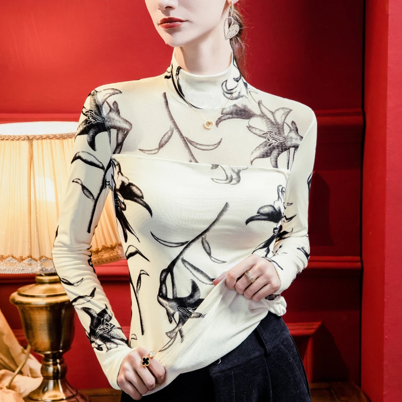 高领加绒保暖植绒网纱打底衫女秋冬内搭洋气印花上衣长袖撞色小衫