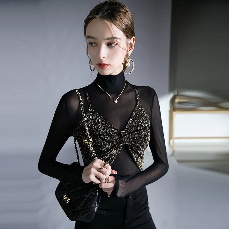 假两件小众设计感上衣春秋内搭性感网纱打底衫女长袖T恤修身小衫