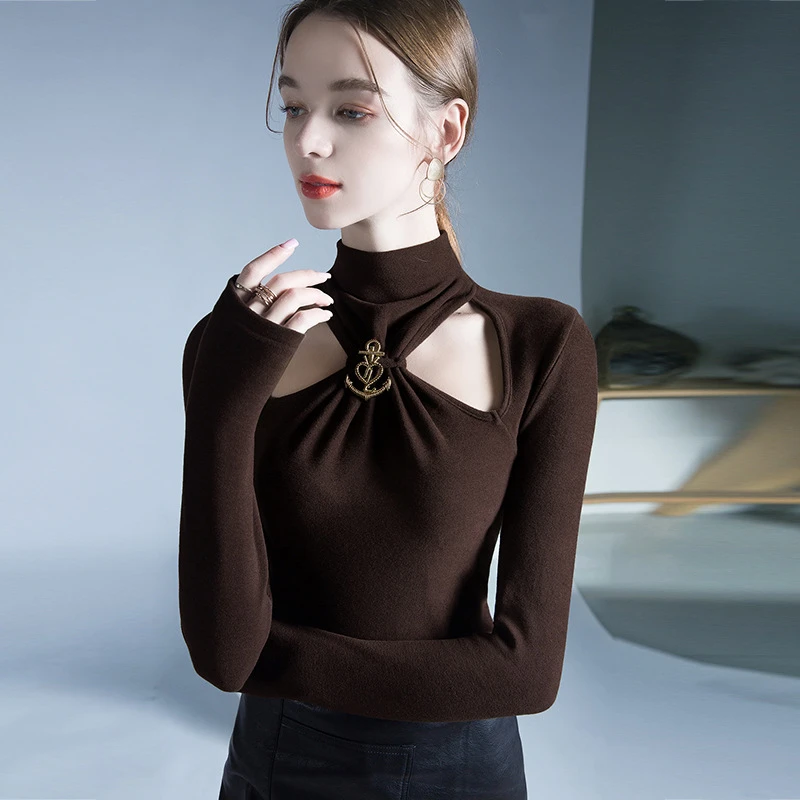 德绒上衣设计感镂空高领打底衫女秋冬款内搭长袖T恤修身性感小衫