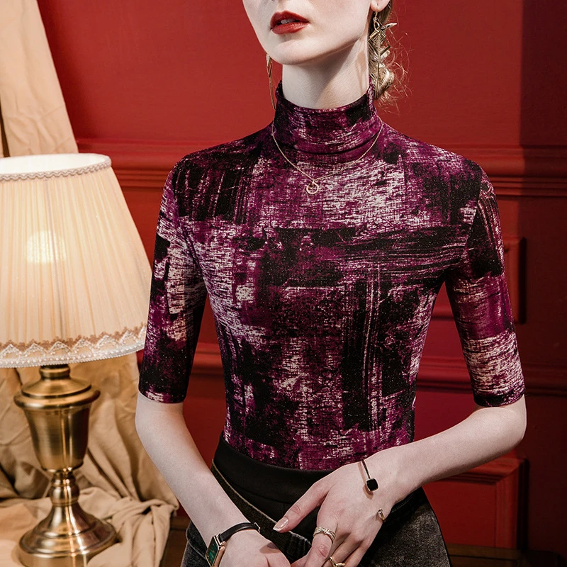 半高领扎染印花中袖T恤2025春秋新款打底衫女五分袖修身洋气上衣