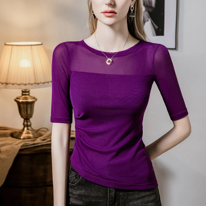 网纱打底衫女五分袖2025秋季新款褶皱收腰洋气小衫跳舞蹈中袖上衣