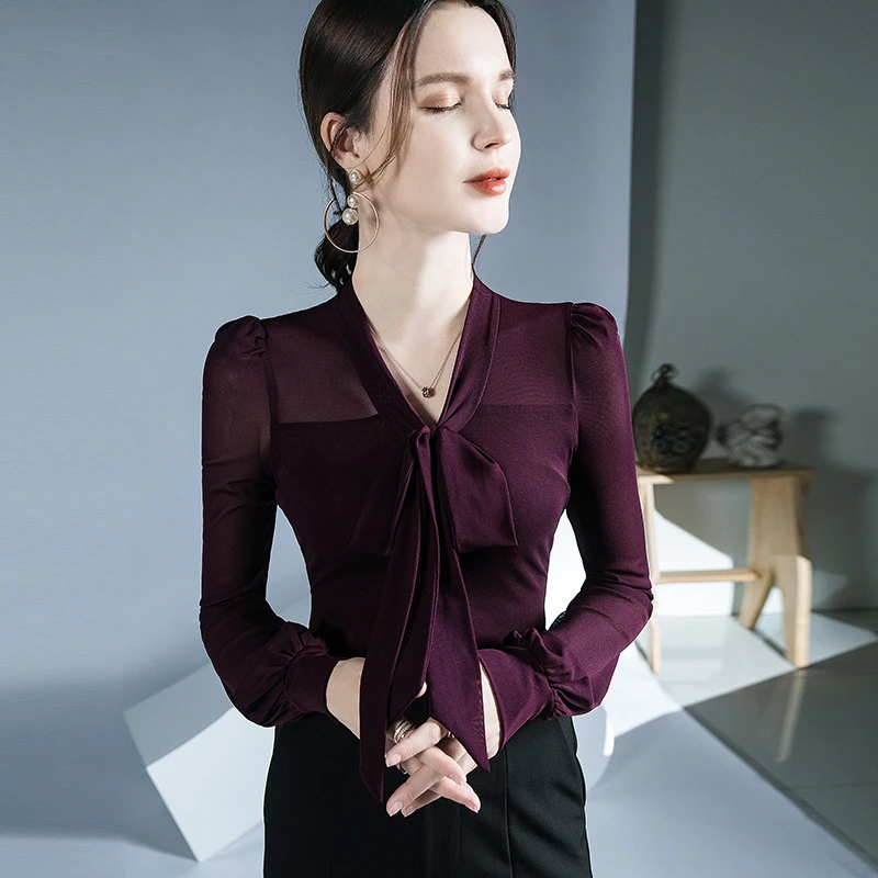 网纱蝴蝶结系带上衣2025春秋季新款内搭打底衫女长袖洋气时尚小衫