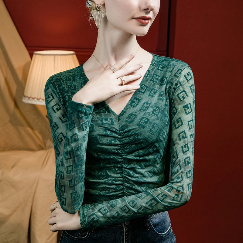 植绒格子提花蕾丝打底衫女修身春秋长袖洋气小衫褶皱收腰V领上衣