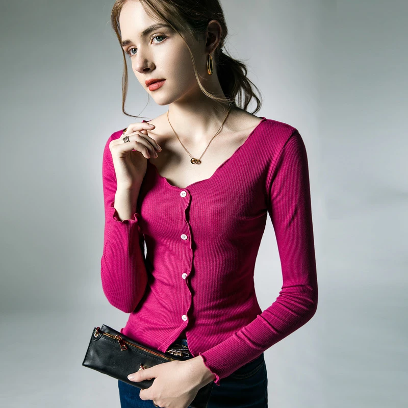 木耳边V领设计感上衣秋季新款修身打底衫女长袖T恤内搭洋气小衫潮