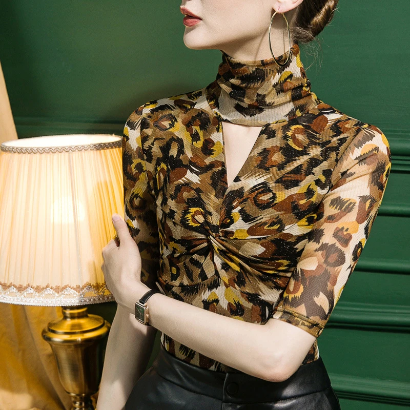 长袖/中袖洋气印花镂空上衣春新款高领网纱打底衫女修身内搭小衫