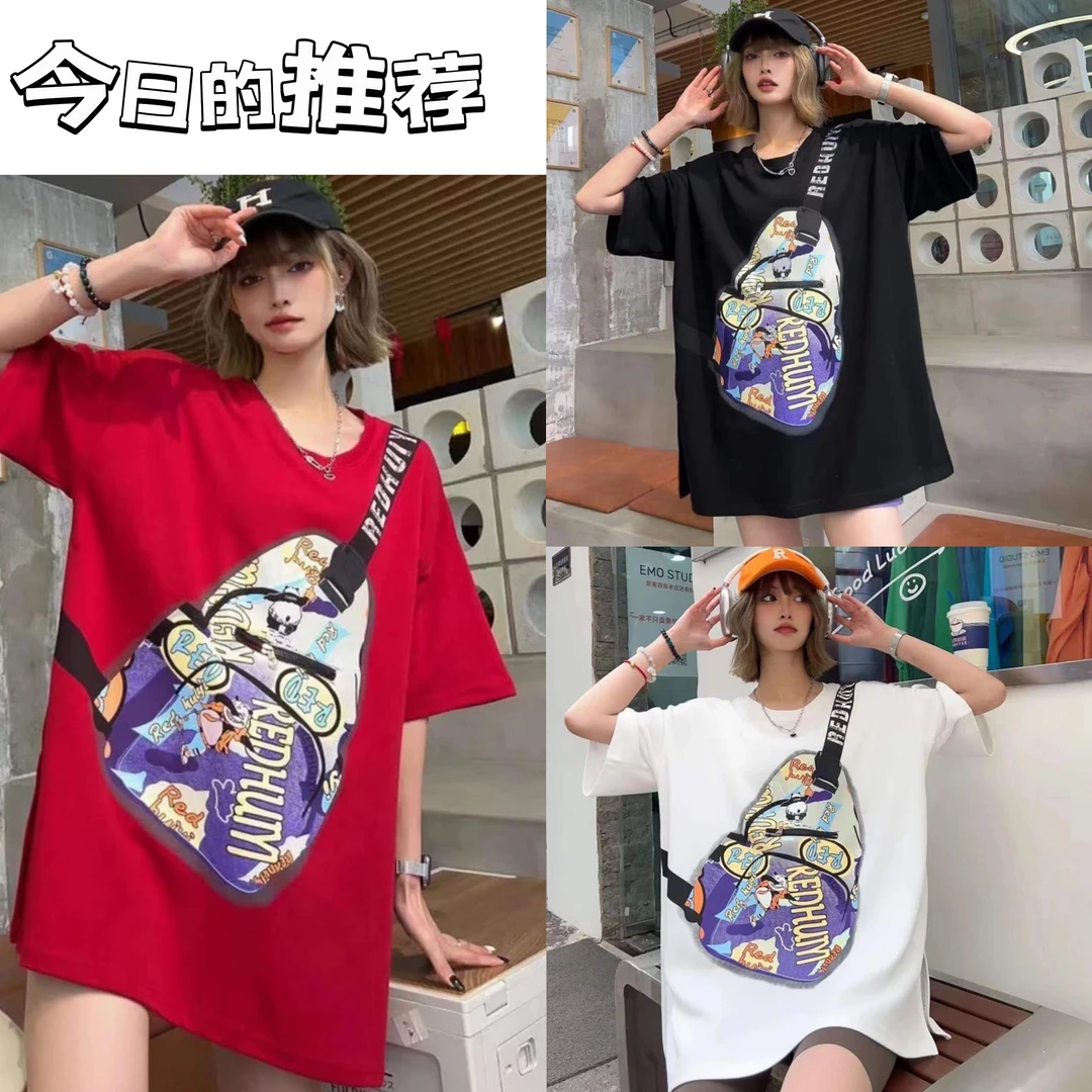 ins潮韩版中长款字母口袋夏季T恤女百搭休闲宽松透气街头时尚网红