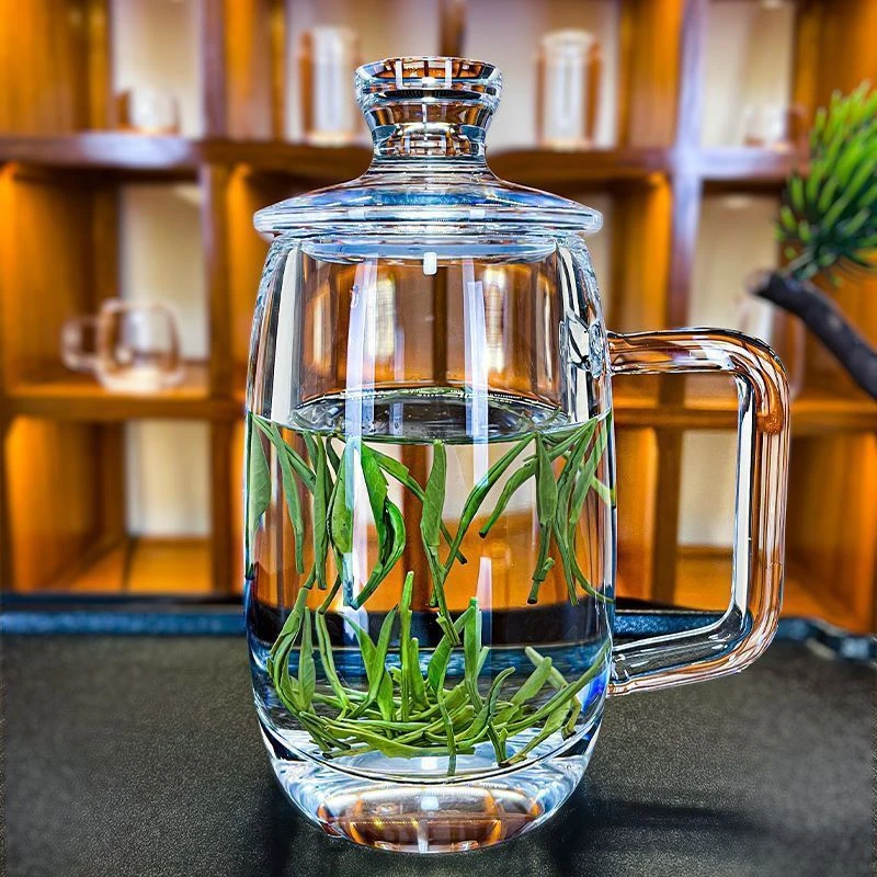 纯水晶玻璃杯水晶杯透明带盖带把手养生杯水晶茶杯纯手工打磨水杯