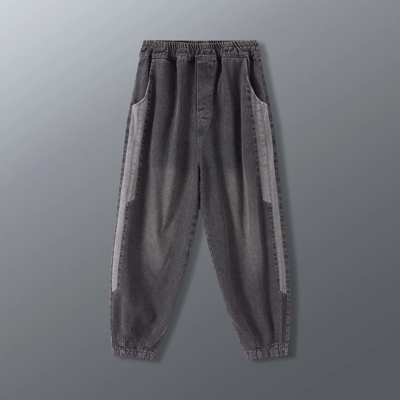 316黑#  2025春季新款牛仔裤松紧腰抽绳九分裤宽松显瘦哈伦裤女