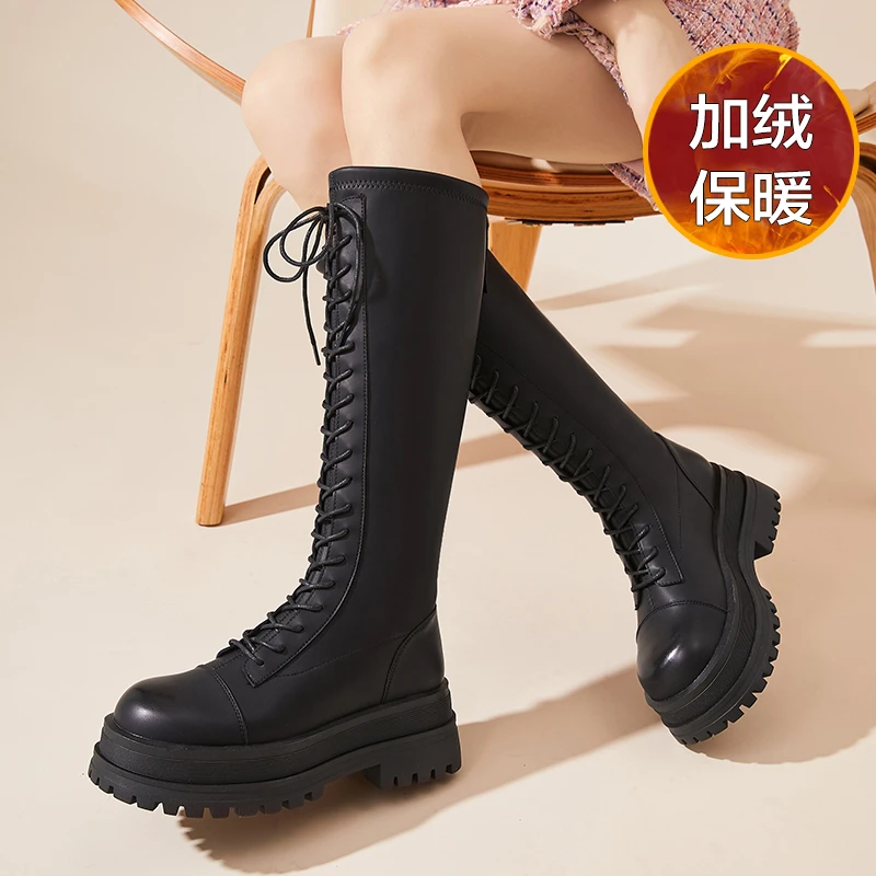 星期六厚底高筒靴2023年秋冬新款加绒小个子女靴瘦瘦靴高筒骑士靴