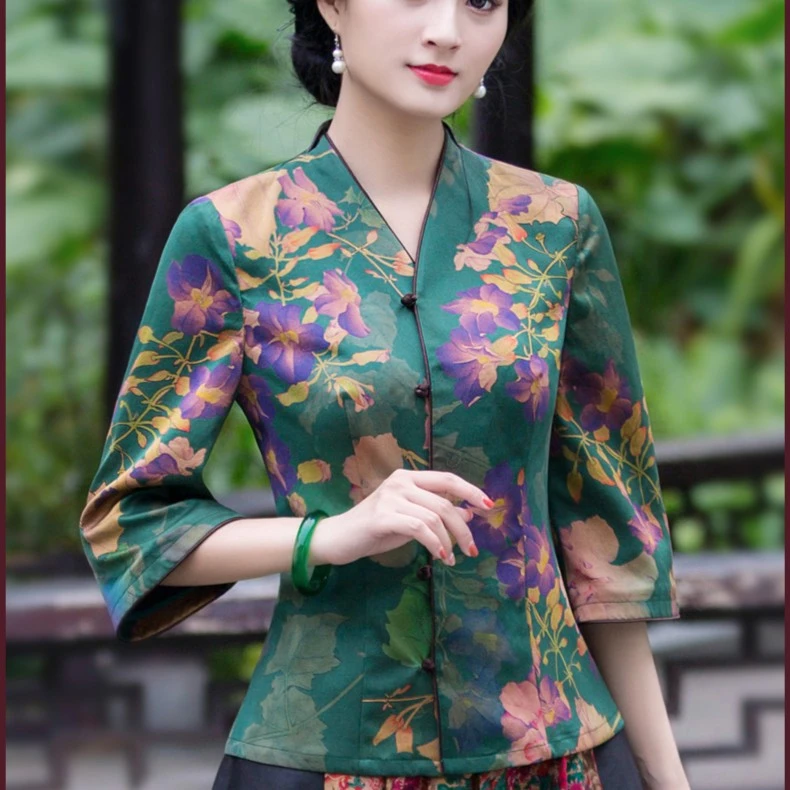 华族经典真丝桑蚕丝唐装诗茵开襟上衣