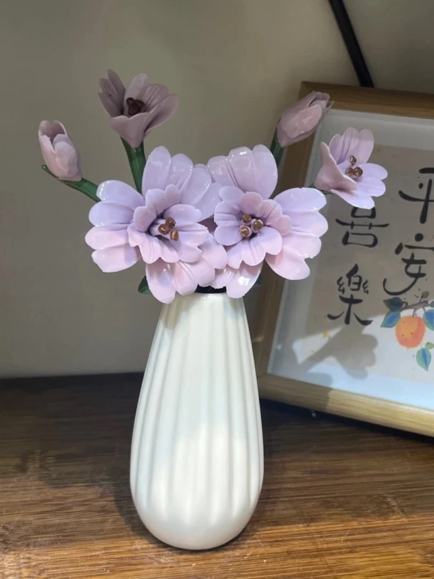 精致陶瓷网红家用轻奢纯手工装饰工艺品紫百合套组中式白瓷摆件