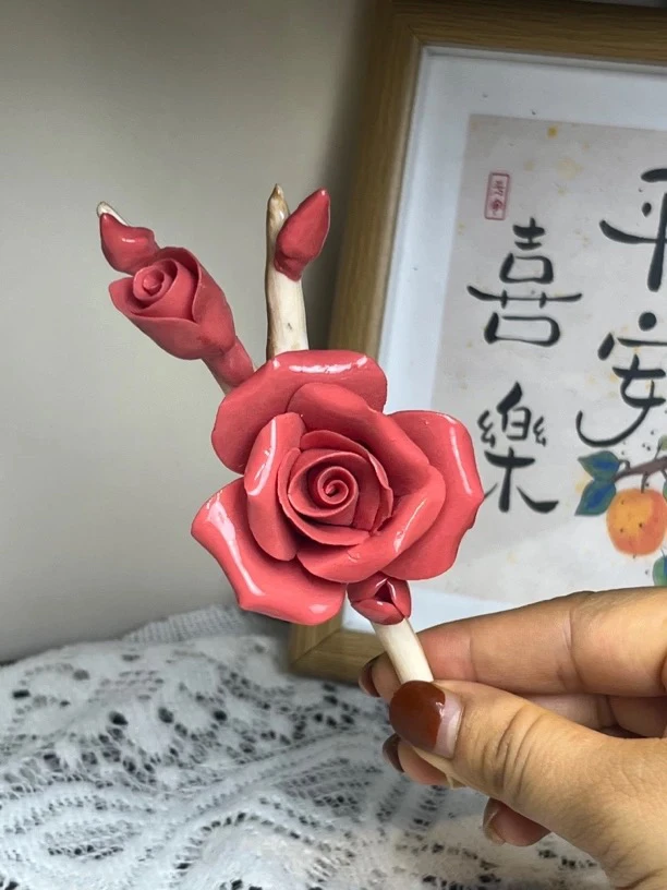 陶瓷手工红玫瑰花枝