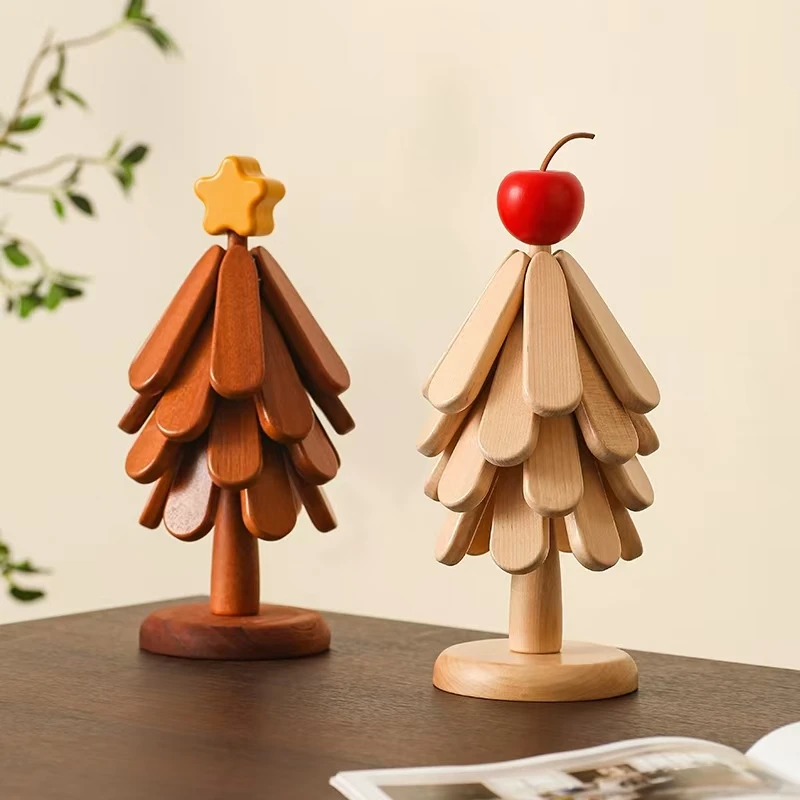 高级感圣诞树隔热垫餐桌摆件创意一棵树实木防烫锅垫折叠杯垫碗垫