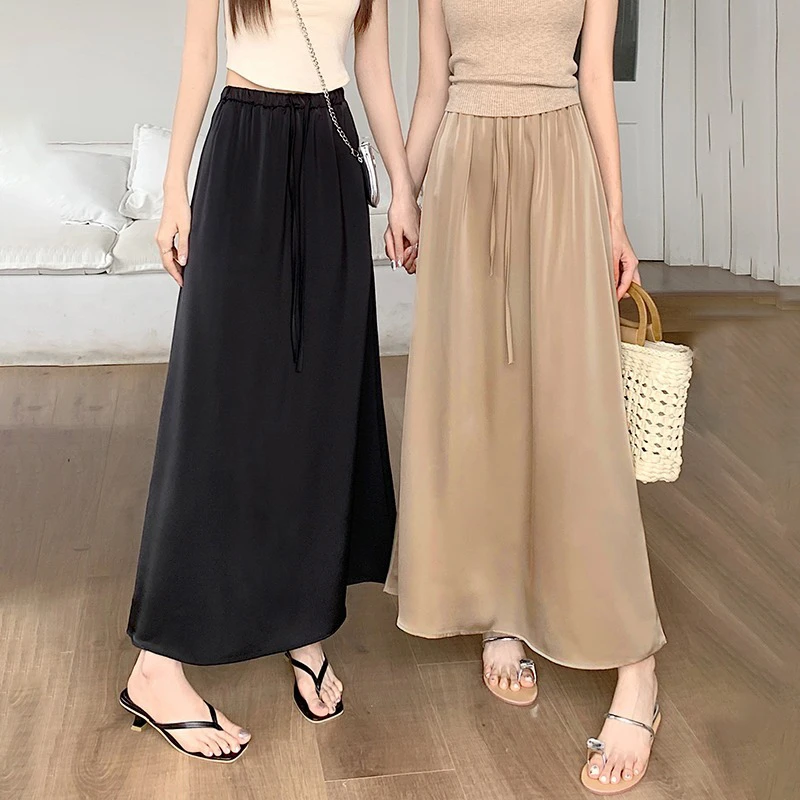 【玲姐专属】半身裙女夏季薄款垂感中长款a字缎面高腰显瘦大摆长裙