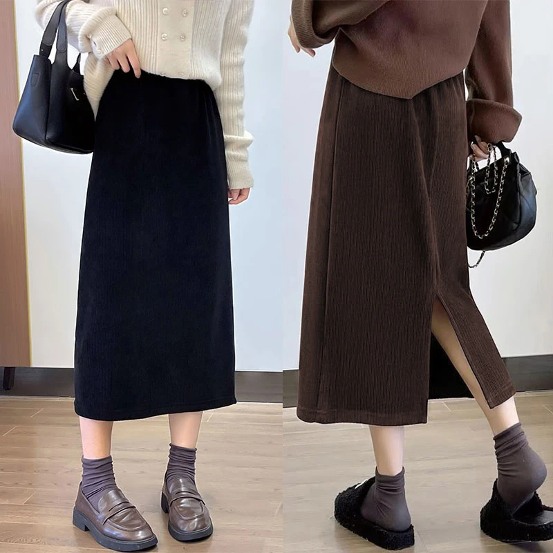 灯芯绒开叉半身裙女秋冬2024新款高腰显瘦中长款a字大码包臀裙