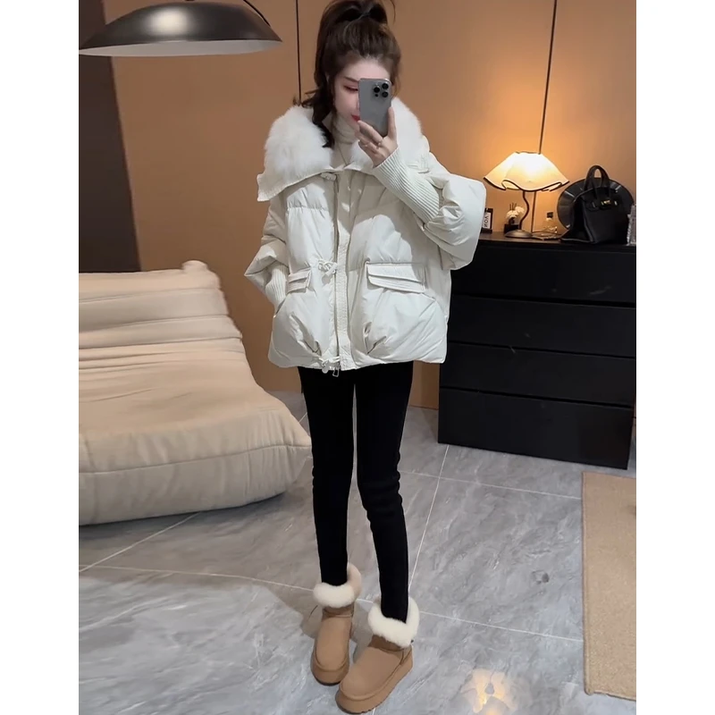 韩版时尚大翻领棉服女2024冬季新款洋气加厚保暖宽松牛角扣外套