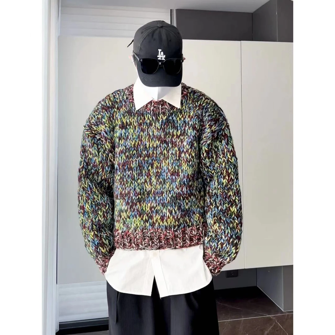 大圣圣 高品质短款宽松痞帅时髦冰岛配色圆领手工毛衣男FUL 48686