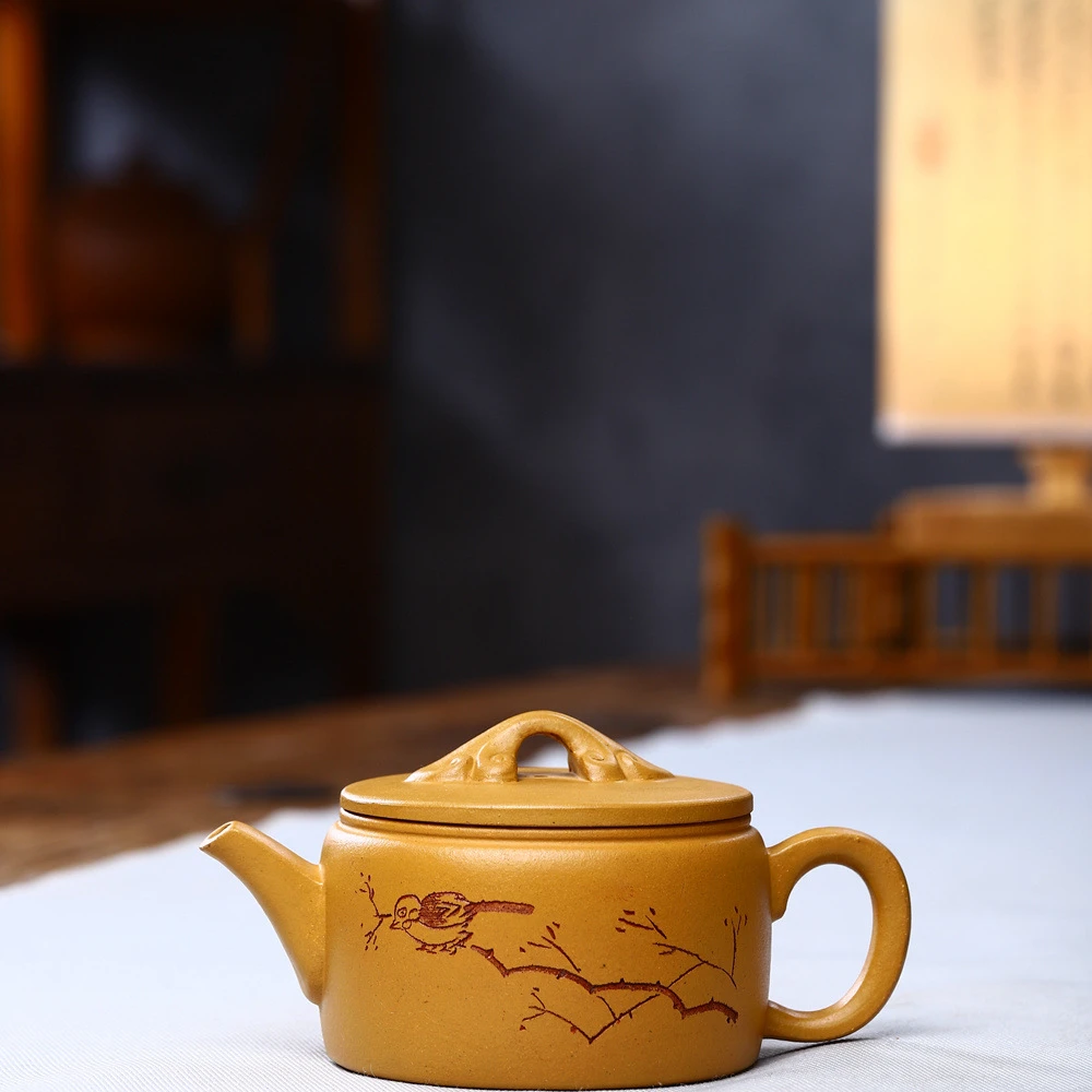 宜兴紫砂壶原矿段泥黄金刻绘汉瓦茶壶功夫茶具小容量宜兴紫砂壶