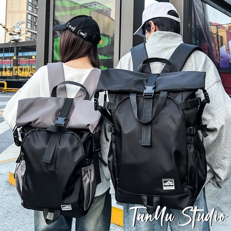 探屿个性潮酷双肩包大容量轻便黑色背包男款时尚学生书包运动旅行