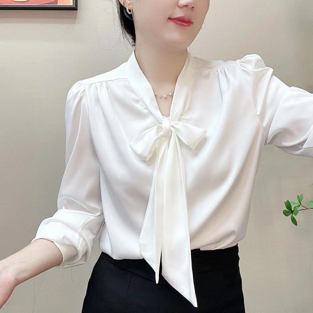 长袖蝴蝶蝴蝶结蓝色飘带女衬衫女装纯色时尚普宁衬衫2025新款