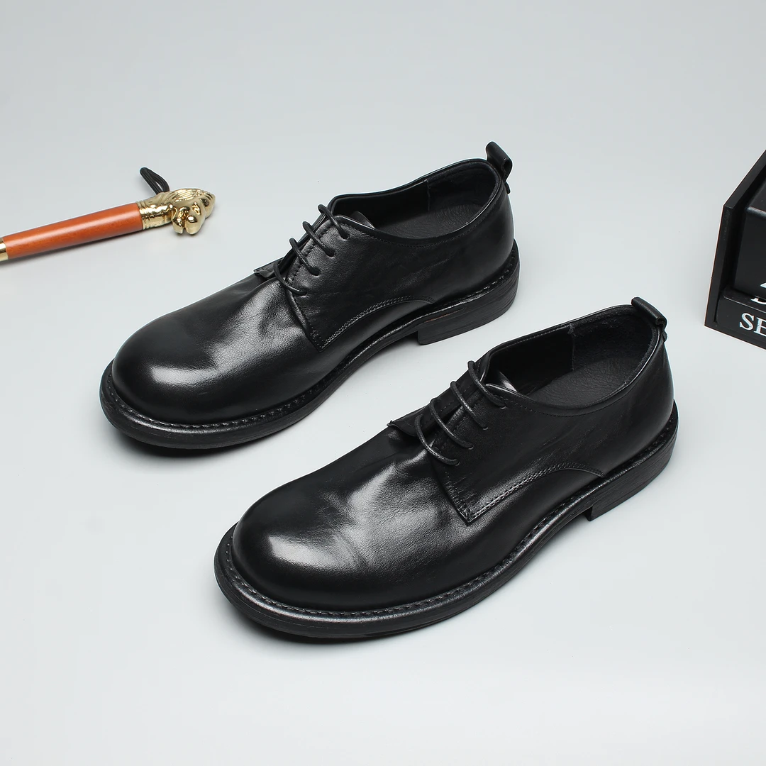 重水洗工艺马皮手工男鞋德比鞋男鞋时尚潮流男士纯色休闲系带皮鞋